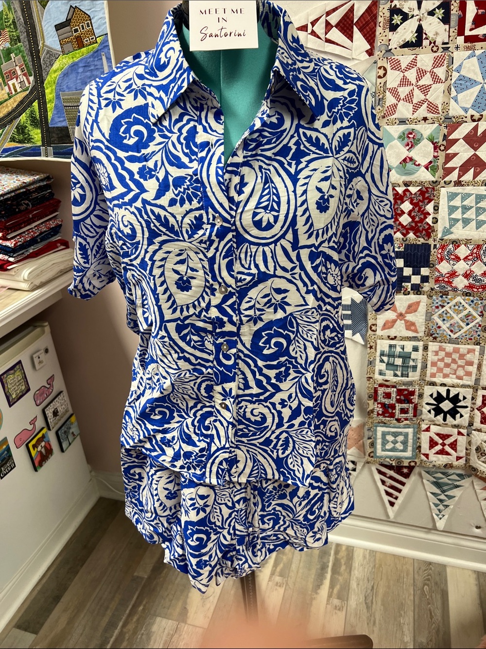 Santorini Blue and White Floral Button-Down Shirt
